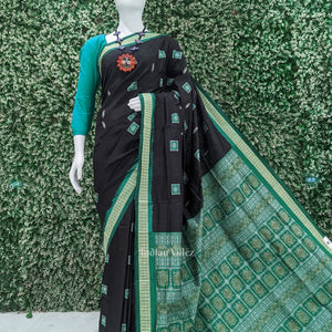 Deep Black Green Square Motif Sambalpuri Silk Saree