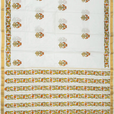 White Handwoven Silk Saree With Hand painted Meena Floral Motifs