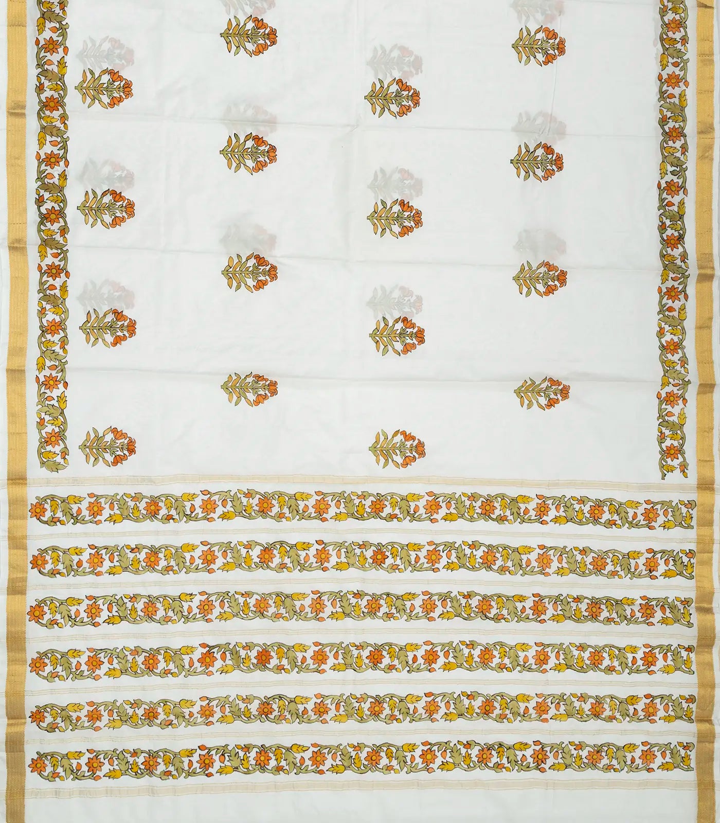 White Handwoven Silk Saree With Hand painted Meena Floral Motifs