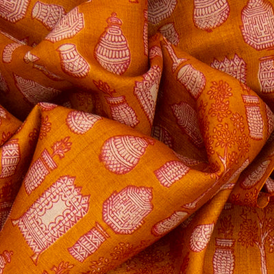 Mustard Handwoven Printed Tussar Silk Saree With Potteries Motif & Contrast Red Border-Mustard