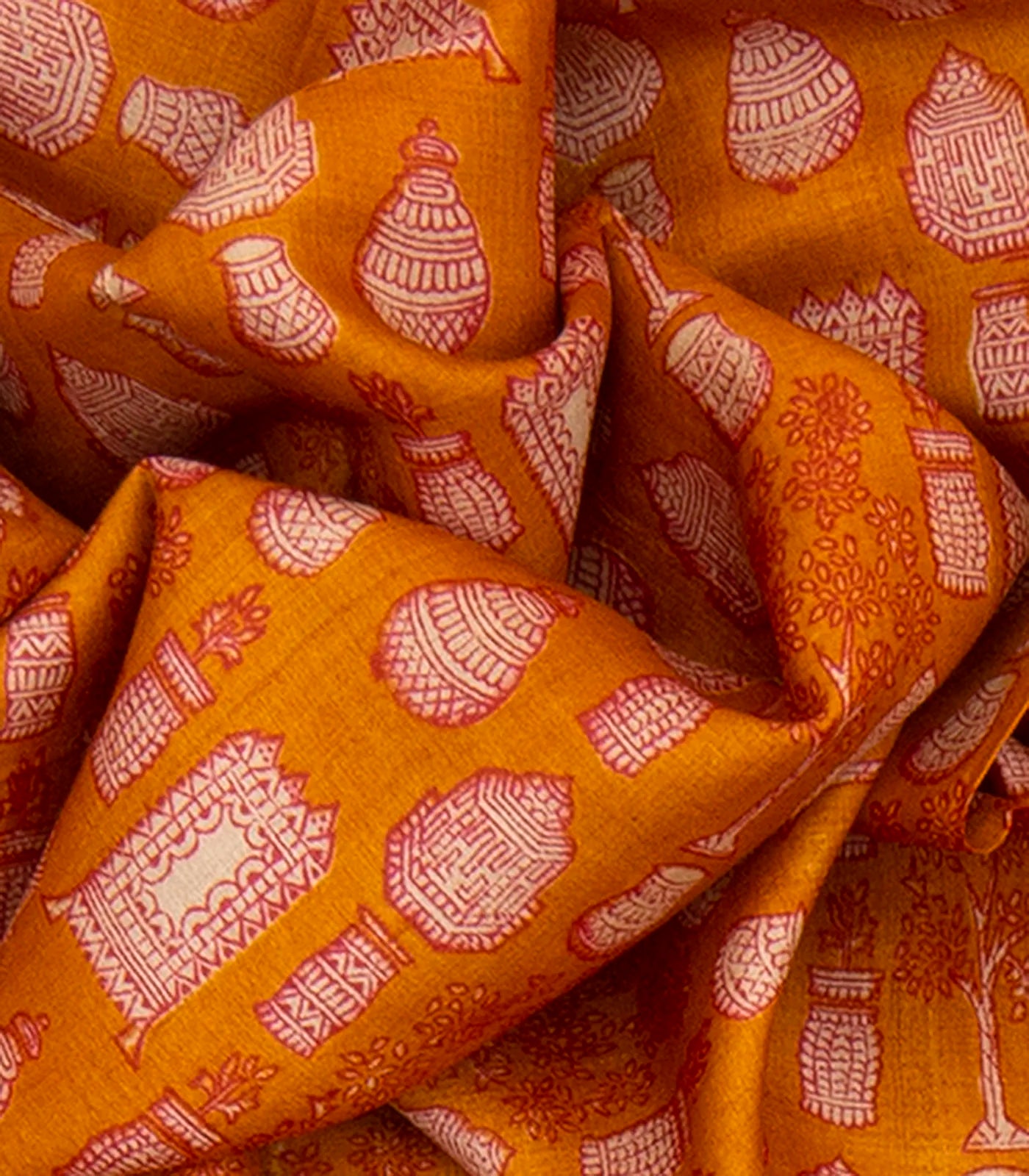 Mustard Handwoven Printed Tussar Silk Saree With Potteries Motif & Contrast Red Border-Mustard