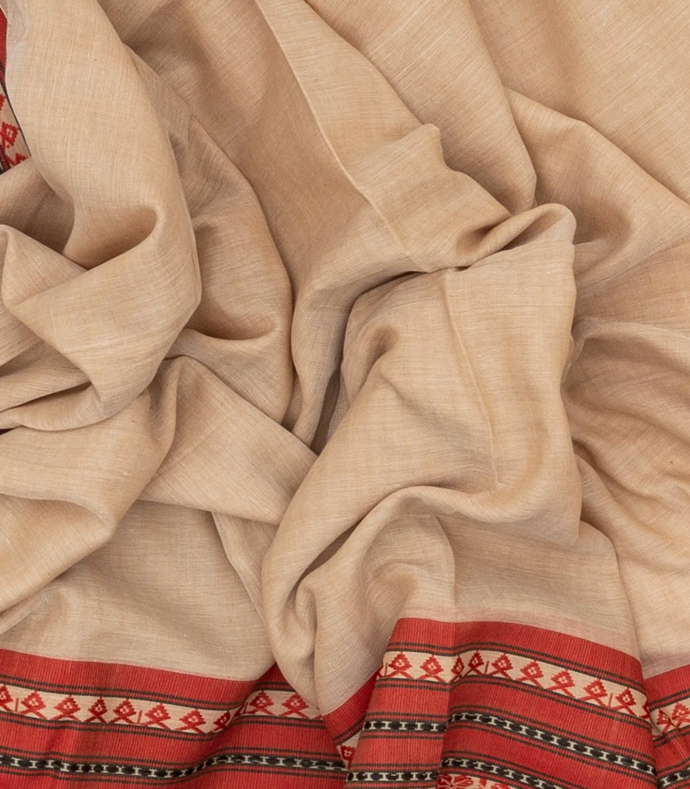 Beige Handloom Bengal Cotton Saree With Contrast Border