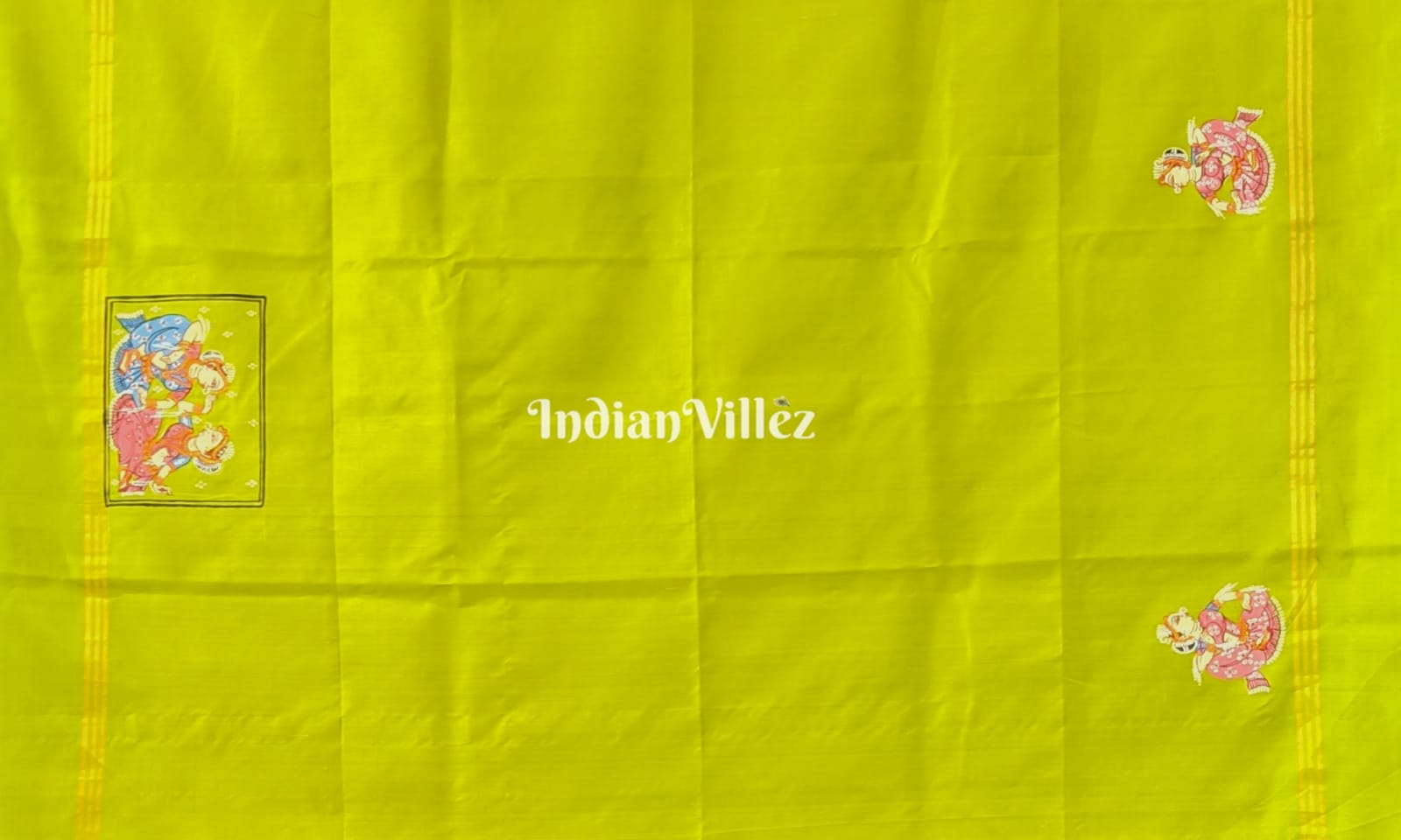 Navy Blue & Parrot Green Radha Krishna Village Theme Pattachitra Saree