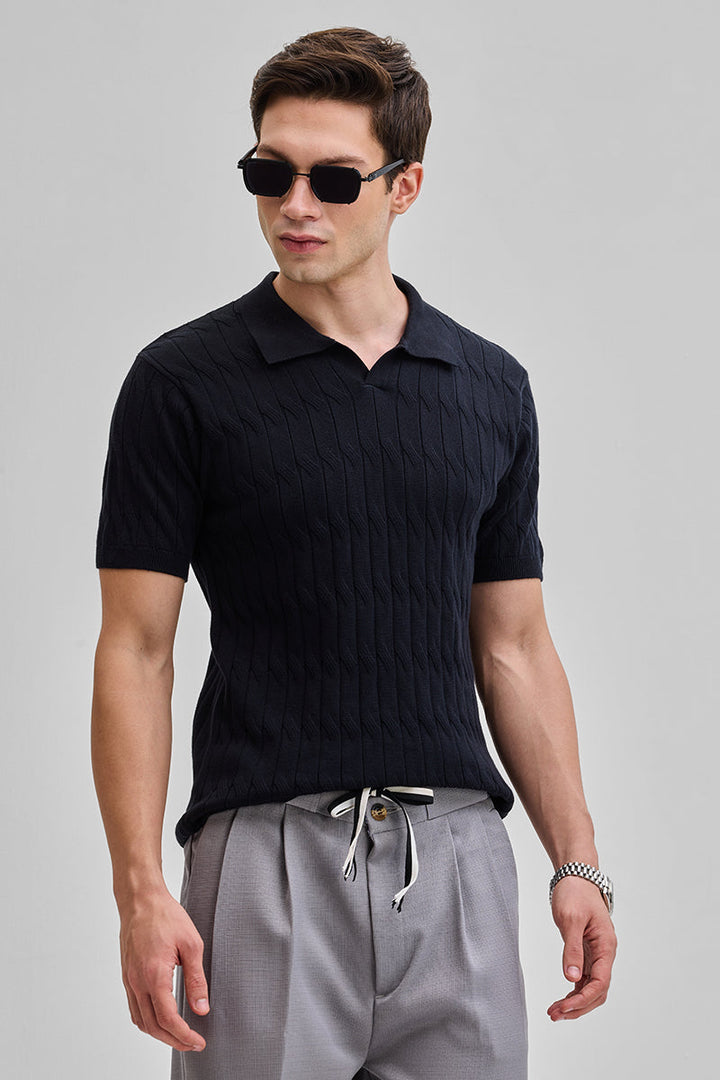 Black Knitted Polo T-Shirt