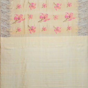 Cream Handloom Kanchipuram Tissue Silk Saree With Floral Motifs-Cream