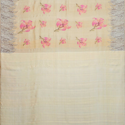 Cream Handloom Kanchipuram Tissue Silk Saree With Floral Motifs-Cream