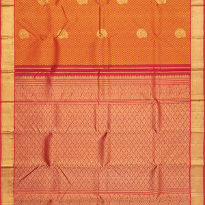 Red Handloom Kanchipuram Silk Saree With Mango Zari Buttas-Red