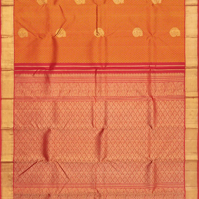Red Handloom Kanchipuram Silk Saree With Mango Zari Buttas-Red