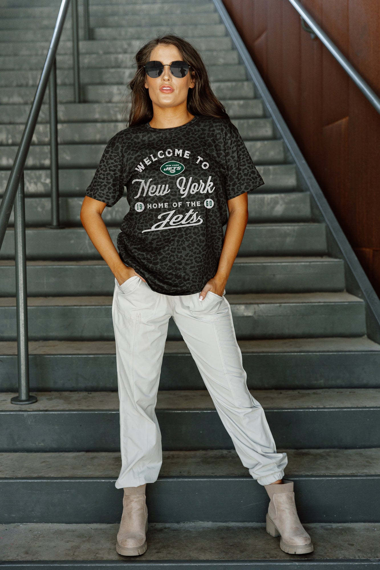 NEW YORK JETS WILDCAT BLITZ SHORT SLEEVE TONAL LEOPARD PRINT TEE