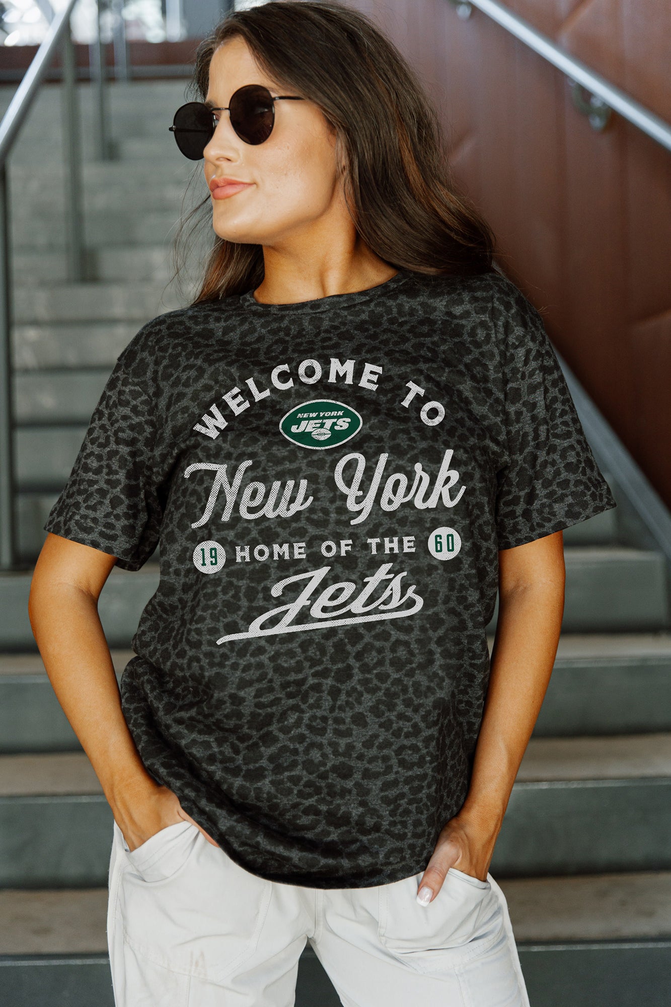 NEW YORK JETS WILDCAT BLITZ SHORT SLEEVE TONAL LEOPARD PRINT TEE