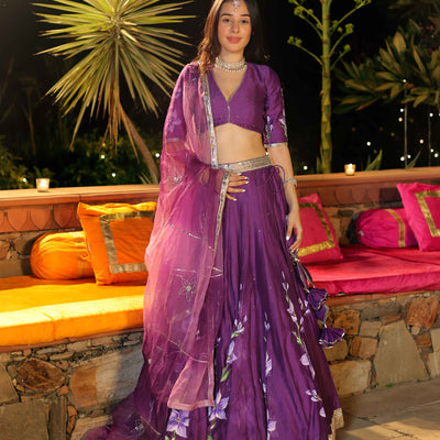 Purple Whisper Handpainted Chanderi Lehenga Set