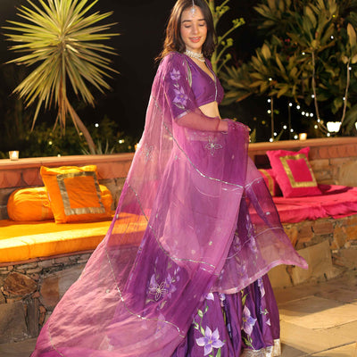 Purple Whisper Handpainted Chanderi Lehenga Set