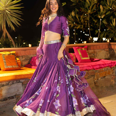 Purple Whisper Handpainted Chanderi Lehenga Set