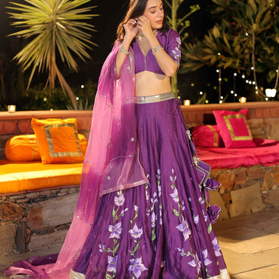 Purple Whisper Handpainted Chanderi Lehenga Set