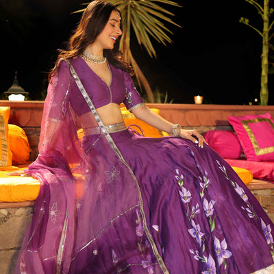 Purple Whisper Handpainted Chanderi Lehenga Set