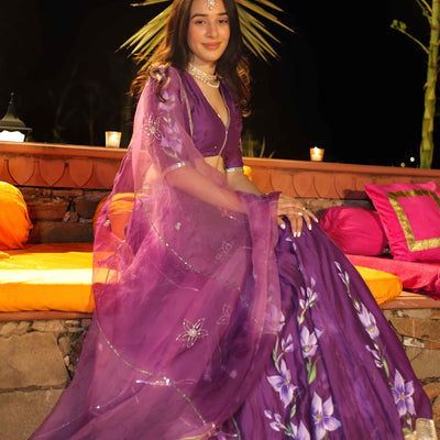 Purple Whisper Handpainted Chanderi Lehenga Set