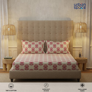 Serene 200 TC 100% Cotton Single Bedsheet with Pillow Covers - Florabell Cherry Red