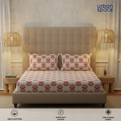 Serene 200 TC 100% Cotton Single Bedsheet with Pillow Covers - Florabell Cherry Red