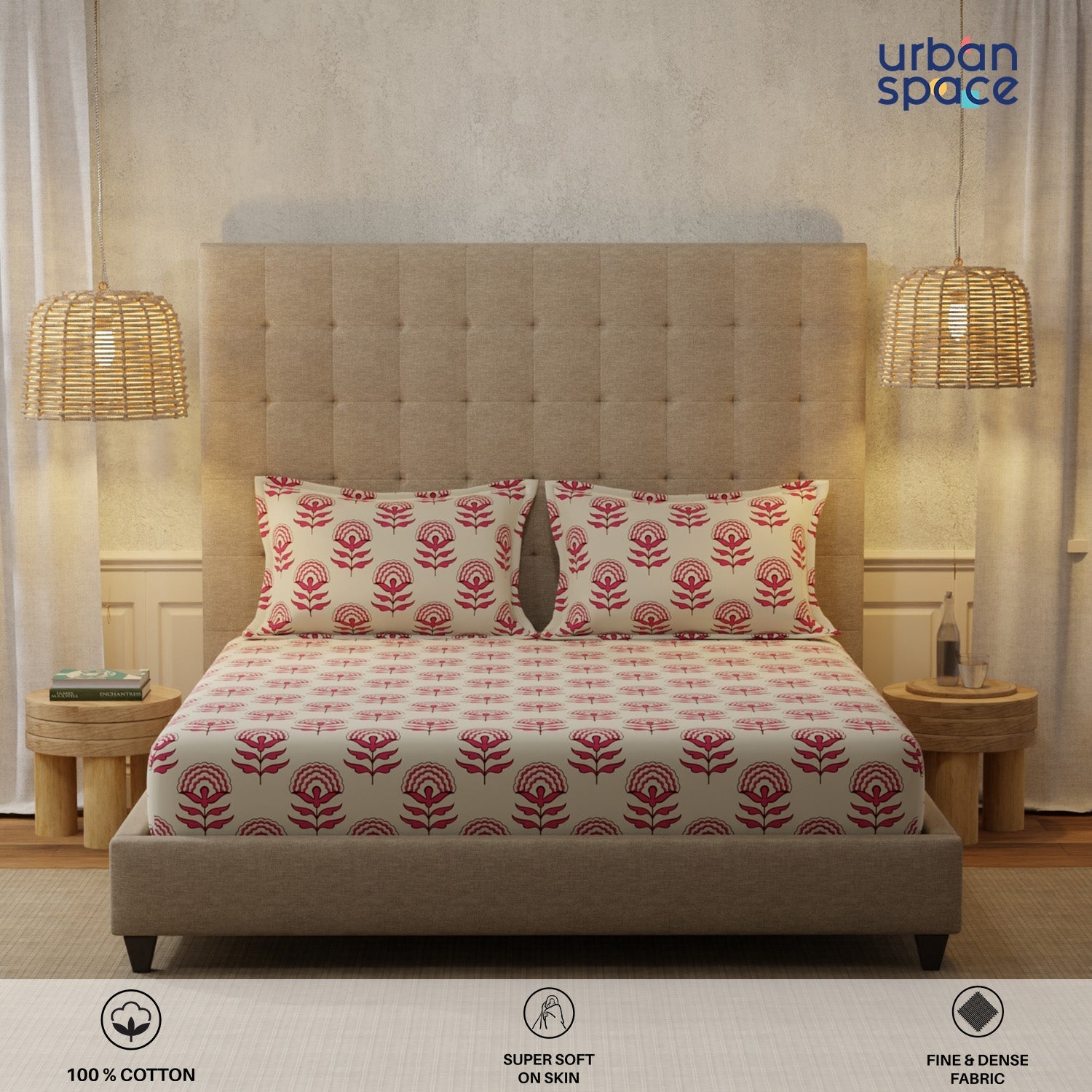 Serene 200 TC 100% Cotton Bedsheet with Pillow Covers - Florabell Cherry Red