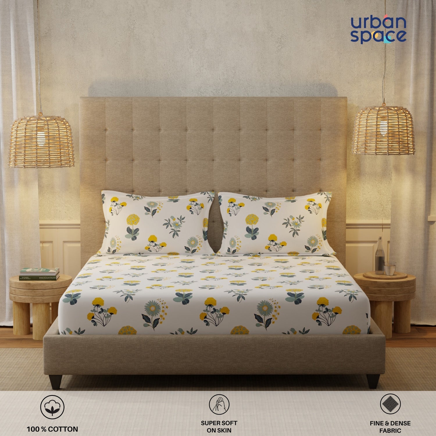 Serene 200 TC 100% Cotton Single Bedsheet with Pillow Covers - Radiance White