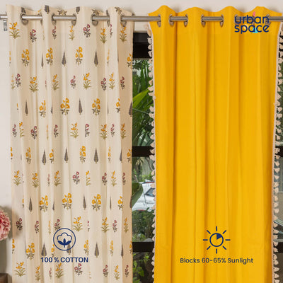 Cotton Curtains Combo, Set of 3 curtains, 60-65% Room Darkening Curtain - High Garden & Aura Yellow