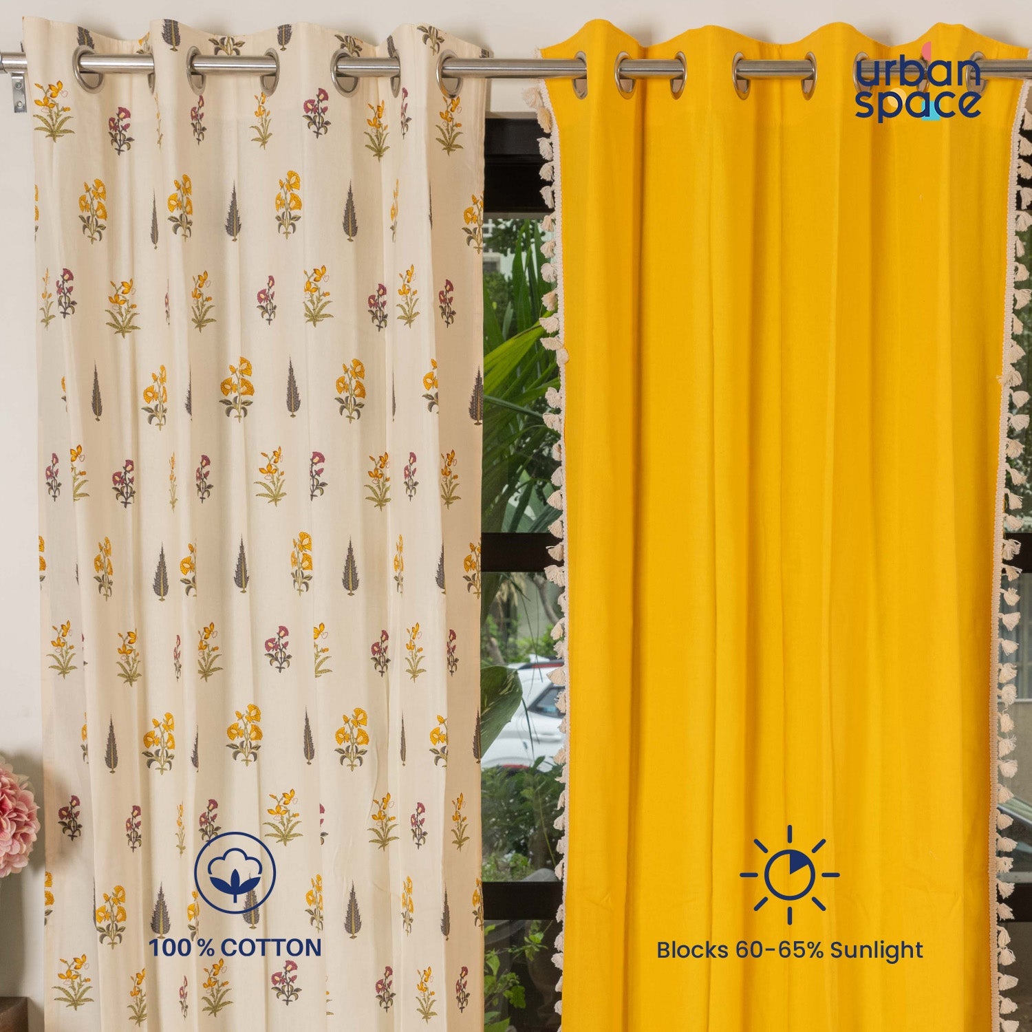 Cotton Curtains Combo, Set of 3 curtains, 60-65% Room Darkening Curtain - High Garden & Aura Yellow
