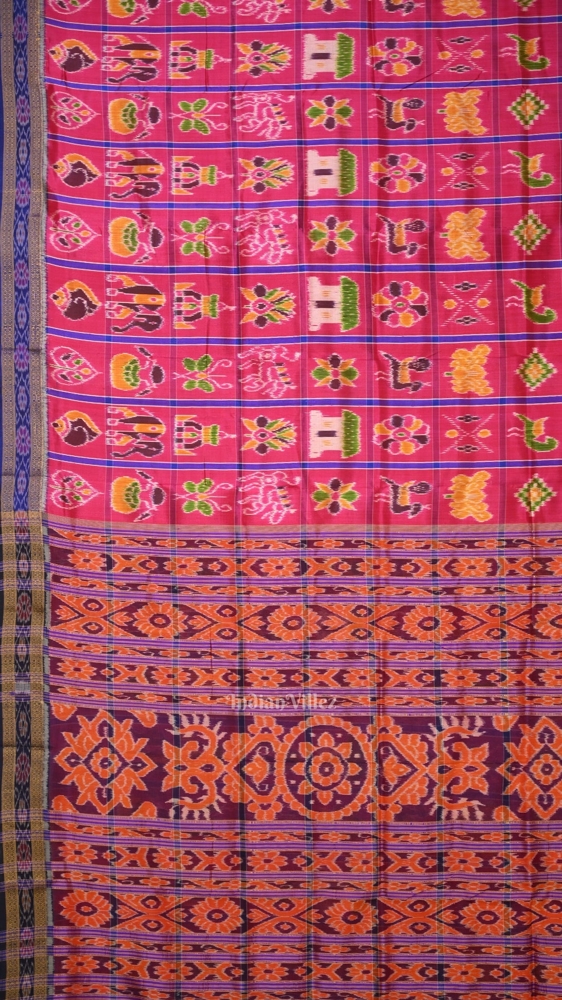 Rani Pink Blue Nabakothi Odisha Ikat Khandua Silk Saree