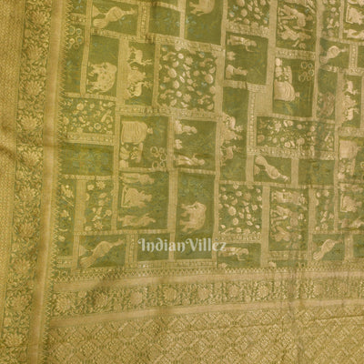 Parrot Green Shikargah Theme Banarasi Katan Tissue Saree