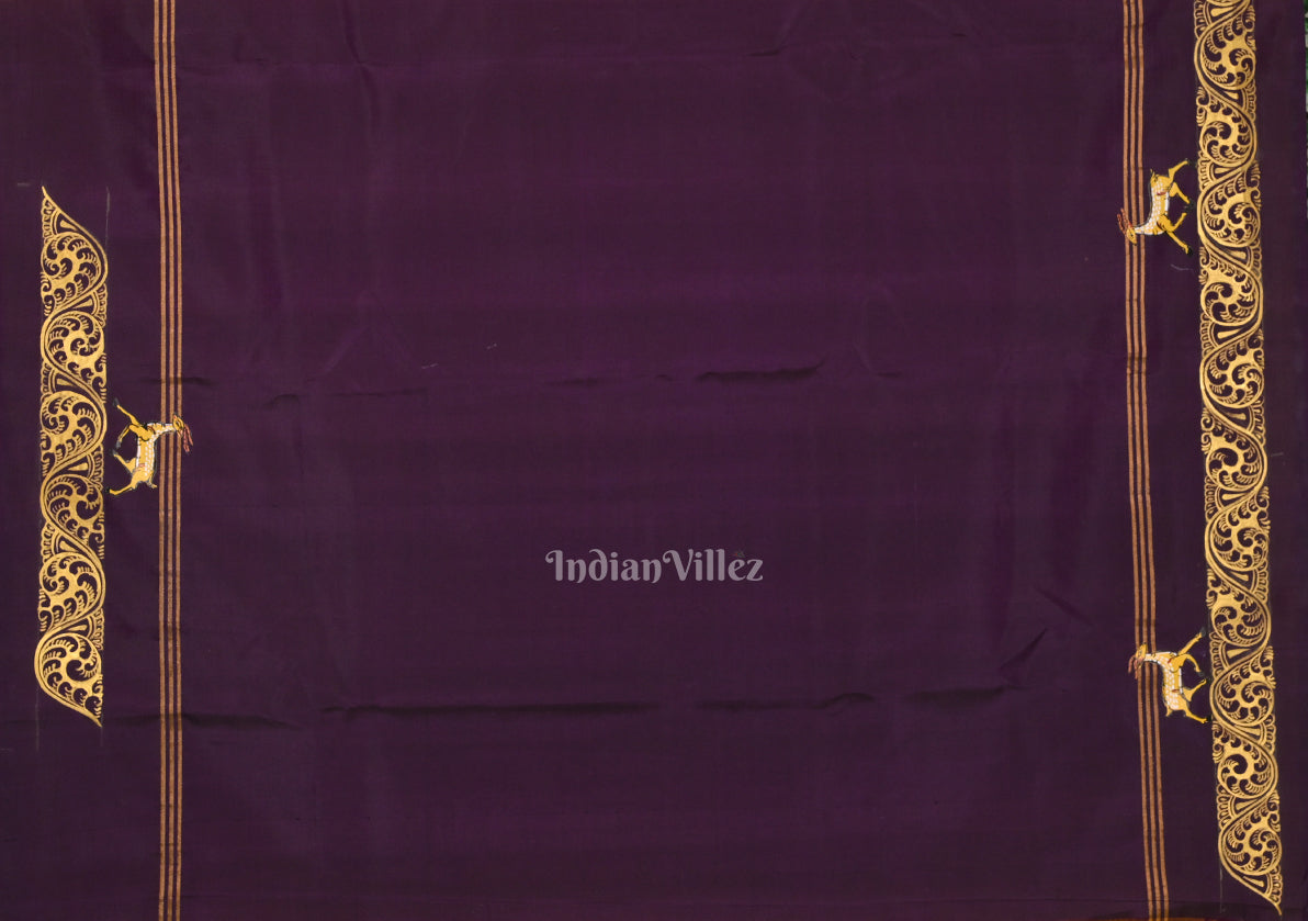 Yellow Violet Ramayan Hand-Painted Pattachitra Saree