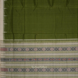 Mehendi Green White Hazar Buti Bomkai Tussar Silk Saree with Sarabandha Anchal