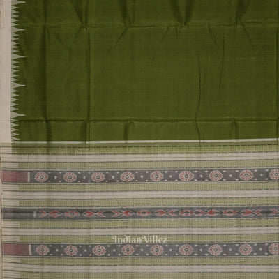 Mehendi Green White Hazar Buti Bomkai Tussar Silk Saree with Sarabandha Anchal