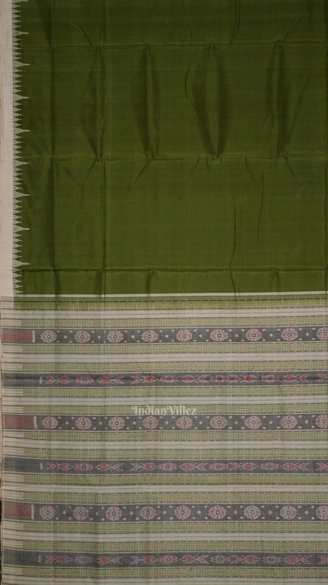 Mehendi Green White Hazar Buti Bomkai Tussar Silk Saree with Sarabandha Anchal