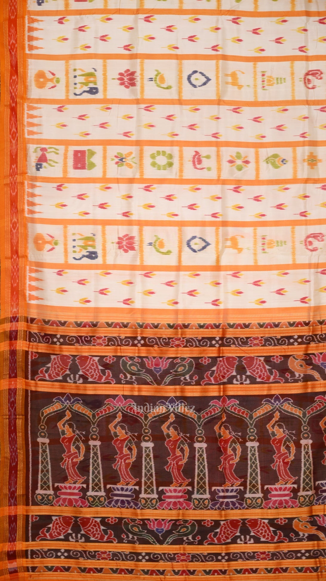 White Yellow  Nabakothi Odisha Ikat Khandua Silk Saree with Nartaki Anchal