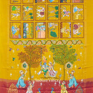 Golden Yellow Radha Krishna Village Theme Pattachitra Saree