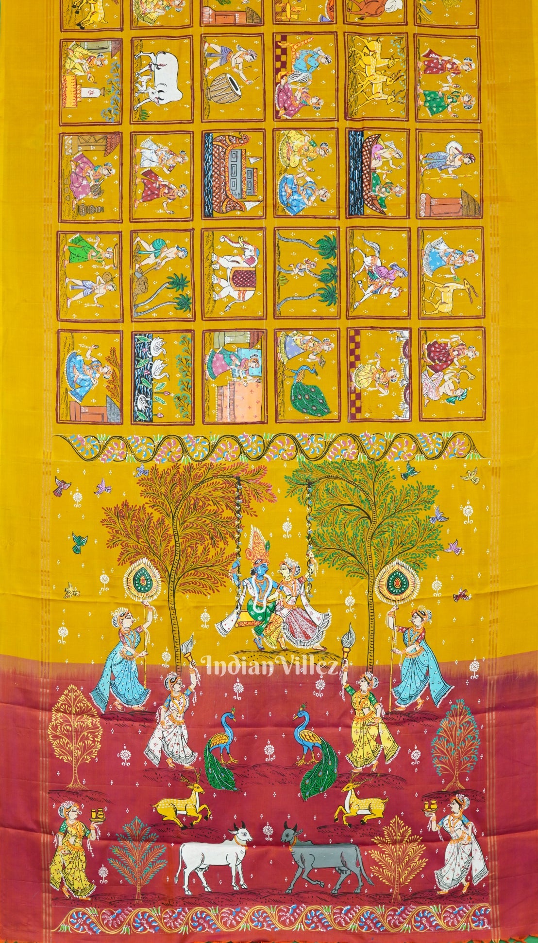Golden Yellow Radha Krishna Village Theme Pattachitra Saree