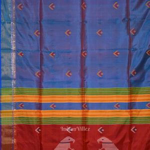 Ocean Blue Red Pure Bishnupuri Silk Saree