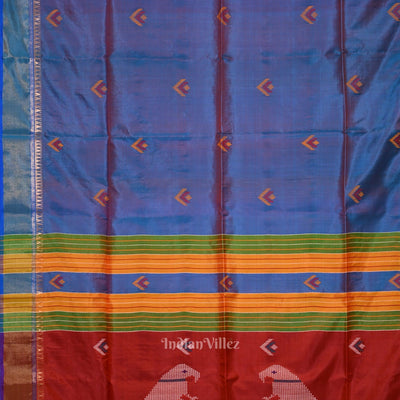 Ocean Blue Red Pure Bishnupuri Silk Saree