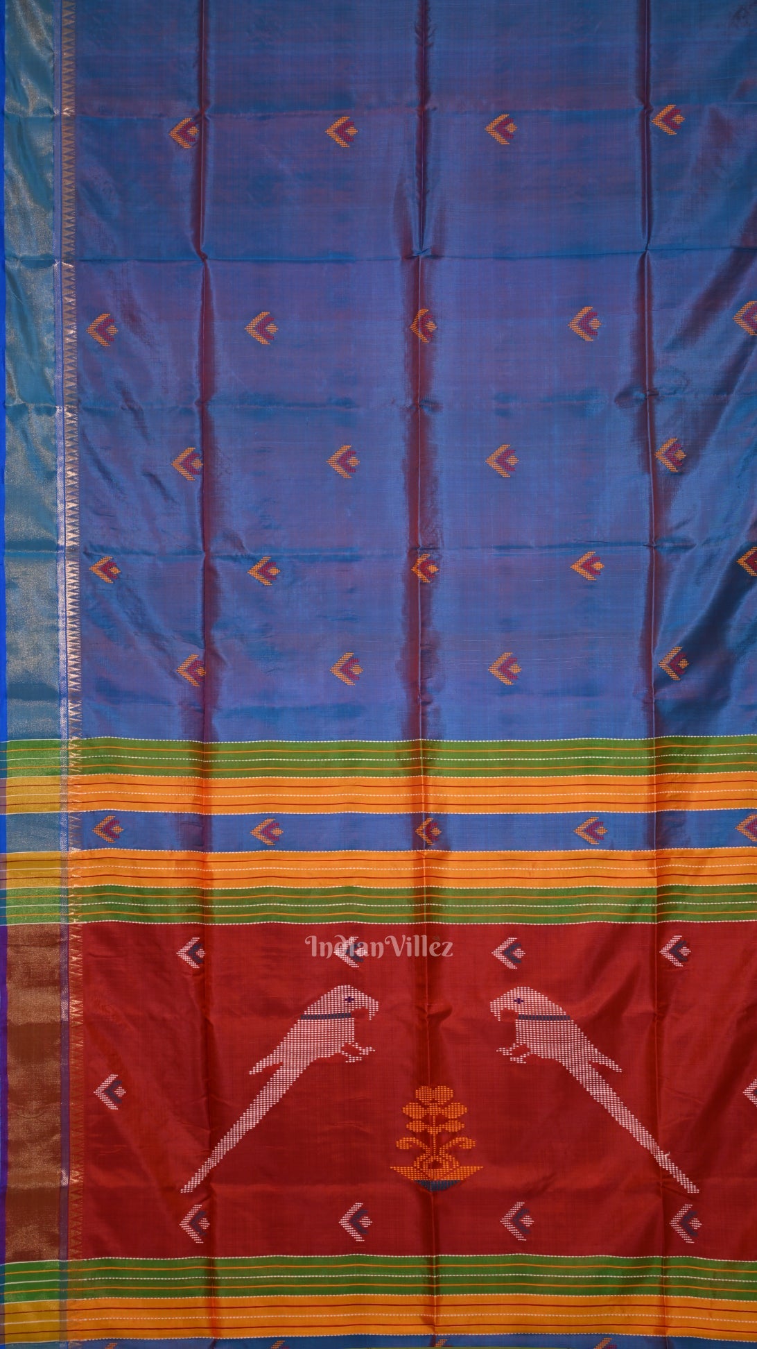 Ocean Blue Red Pure Bishnupuri Silk Saree