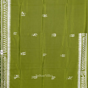 Mehendi Green Tribal Art Konark Temple Hand-Painted Pattachitra Saree
