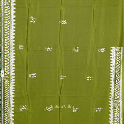 Mehendi Green Tribal Art Konark Temple Hand-Painted Pattachitra Saree