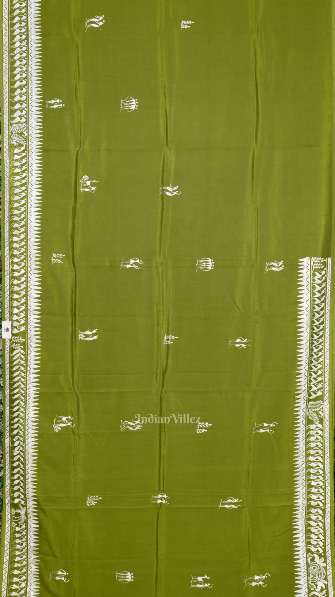 Mehendi Green Tribal Art Konark Temple Hand-Painted Pattachitra Saree