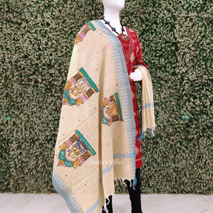 Cream Beige Dulhan Theme Hand-Painted Tussar Pattachitra Dupatta