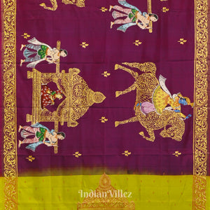 Magenta With Parrot Green Marriage Theme Hand-Painted Pattachitra Saree