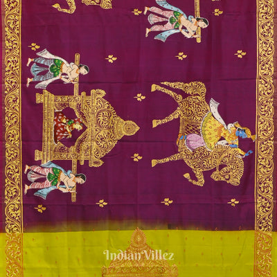 Magenta With Parrot Green Marriage Theme Hand-Painted Pattachitra Saree