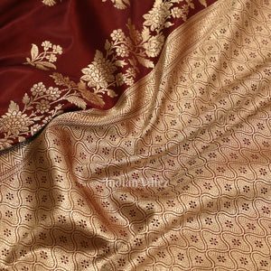 Deep Maroon Flower Motif Mashru Satin Silk Banarasi Saree