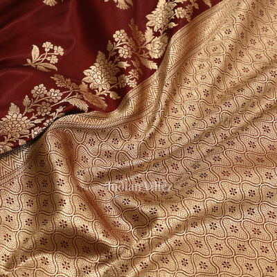 Deep Maroon Flower Motif Mashru Satin Silk Banarasi Saree