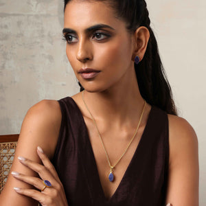 trueBrowns Gold Tone Blue Stone Pendant Set