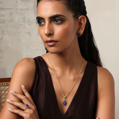 trueBrowns Gold Tone Blue Stone Pendant Set