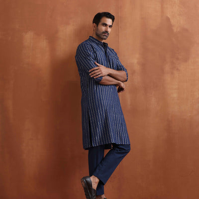 trueBrowns Men's Blue Cotton Dobby Kurta