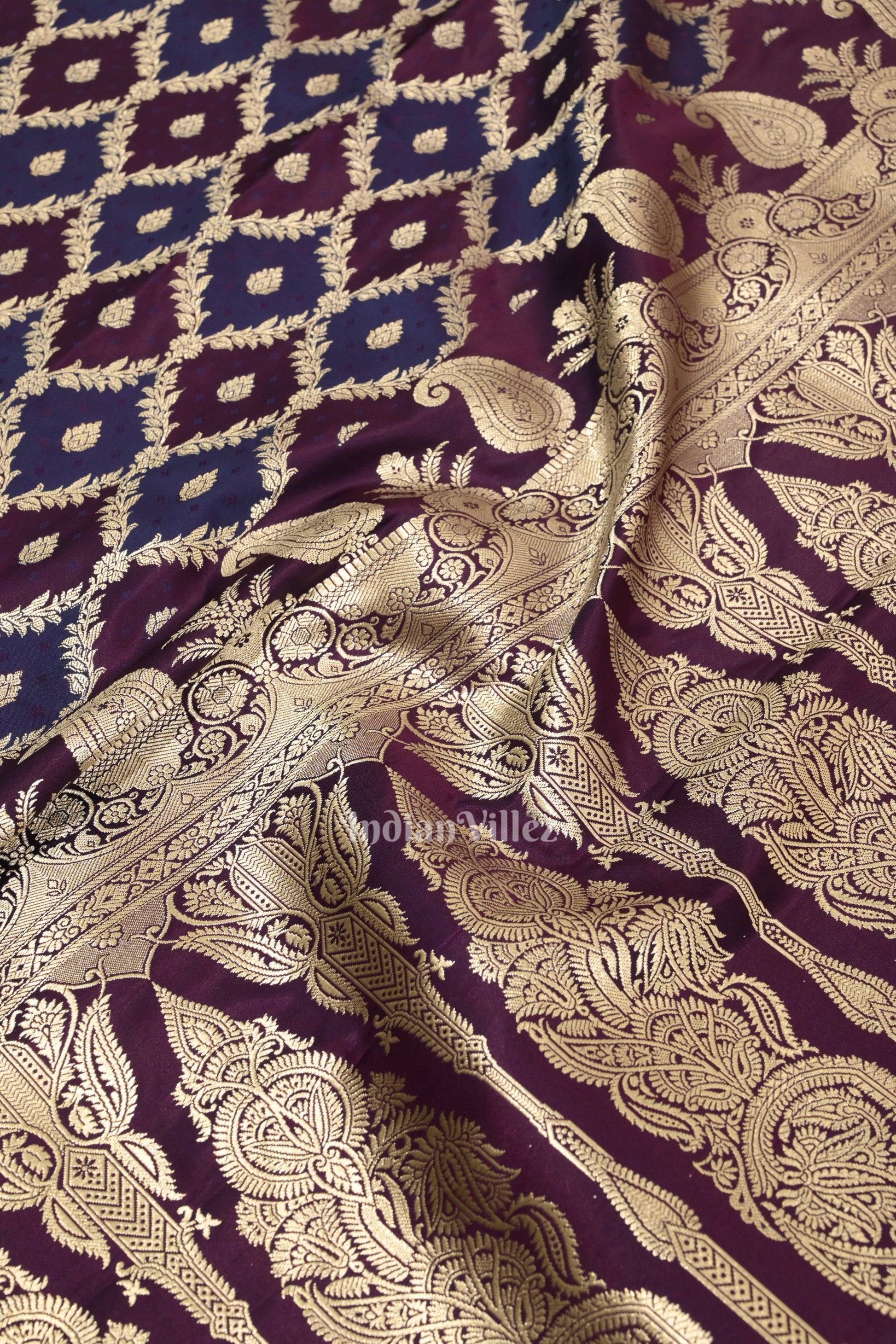 Purple Navy Blue Rangkat Mashru Satin Silk Banarasi Saree